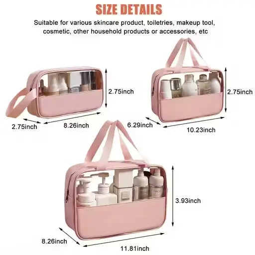 Pack of 3 Makeup Organizer Bags – Travel Waterproof Cosmetic Toiletry Pouches for Women & Girls (Rose Pink).
