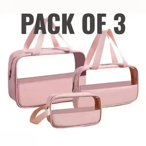 Pack of 3 Makeup Organizer Bags – Travel Waterproof Cosmetic Toiletry Pouches for Women & Girls (Rose Pink).